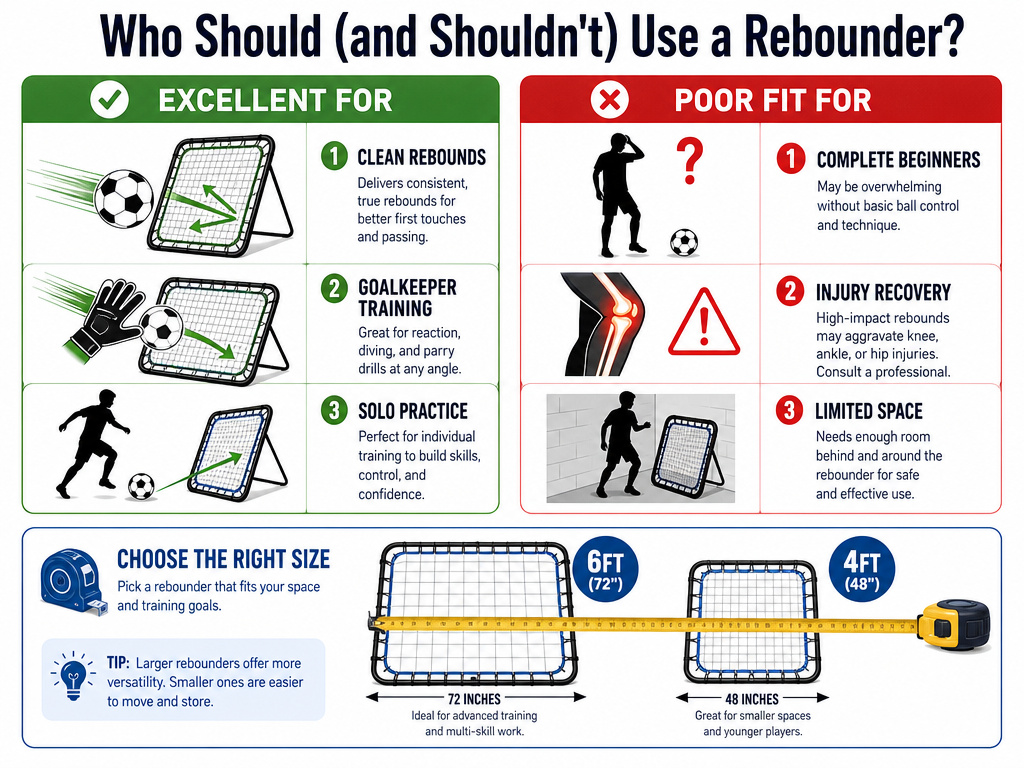 Infographic comparing ideal and non-ideal users of a football rebounder net.