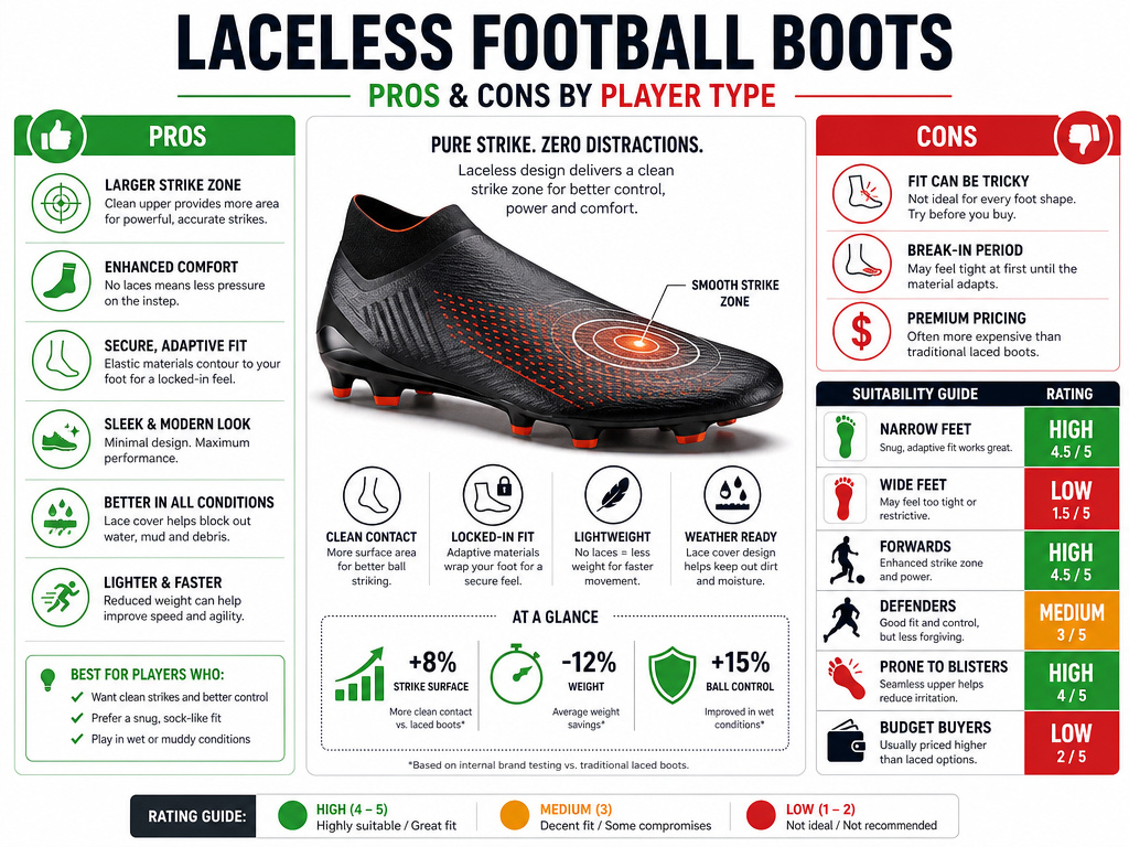 Laceless football boots pros and cons player suitability infographic