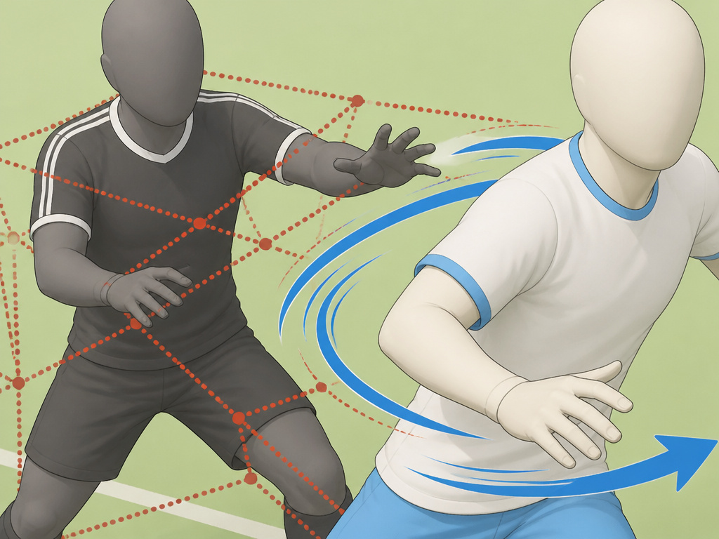 Cartoon diagram of catenaccio man-marking being broken by fluid movement.