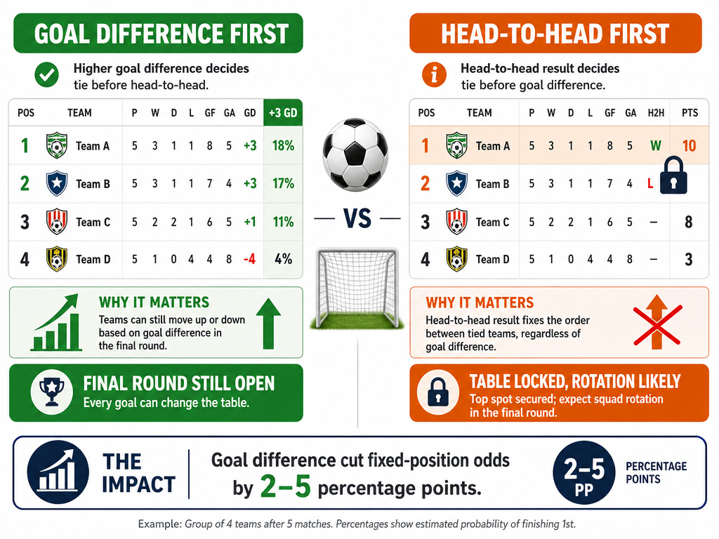 Comparison of goal difference versus head-to-head football group tiebreaker outcomes