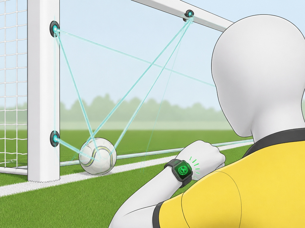 Referee checks watch goal signal as ball crosses line using goal-line technology