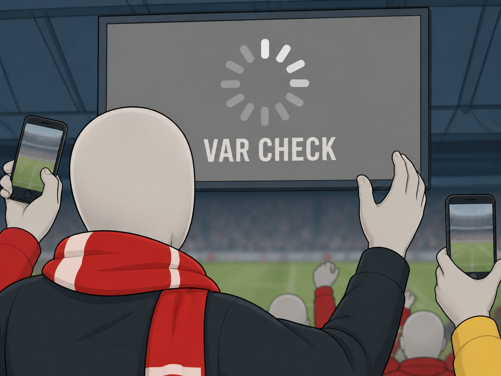 Football fan with half-raised arms waiting under stadium screen during VAR check