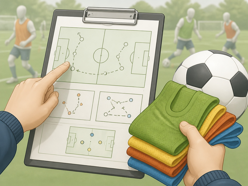 Youth football coach preparing match day with organized clipboard and calm demeanor.