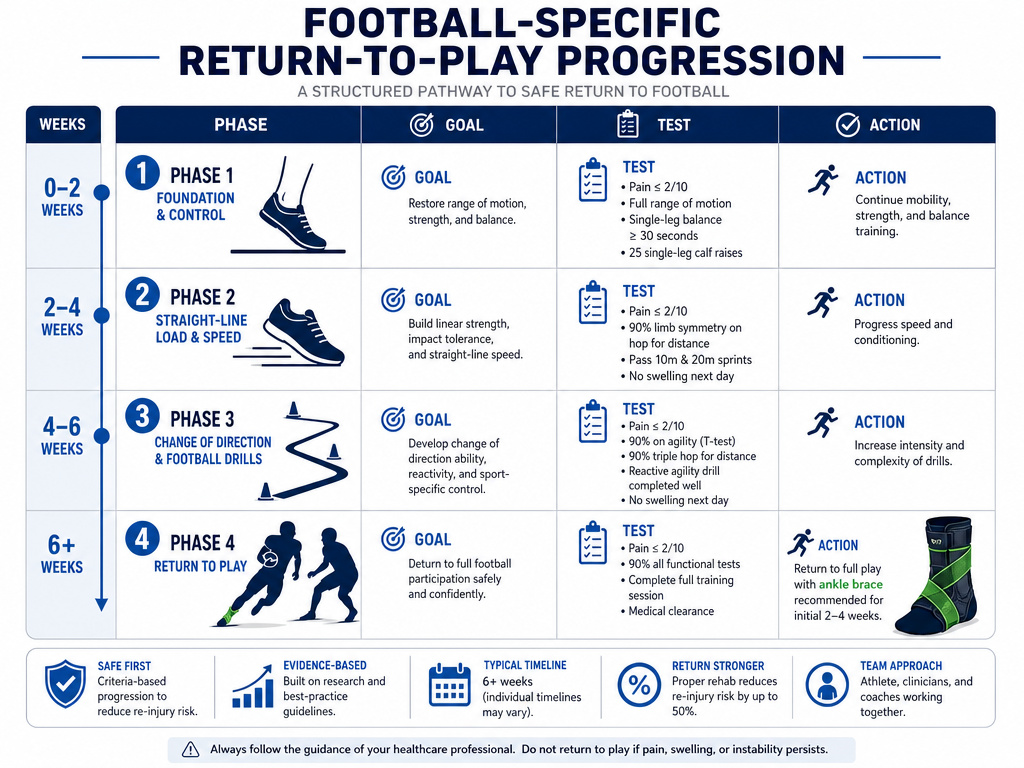 Infographic showing four-phase football ankle sprain recovery and return-to-play protocol.