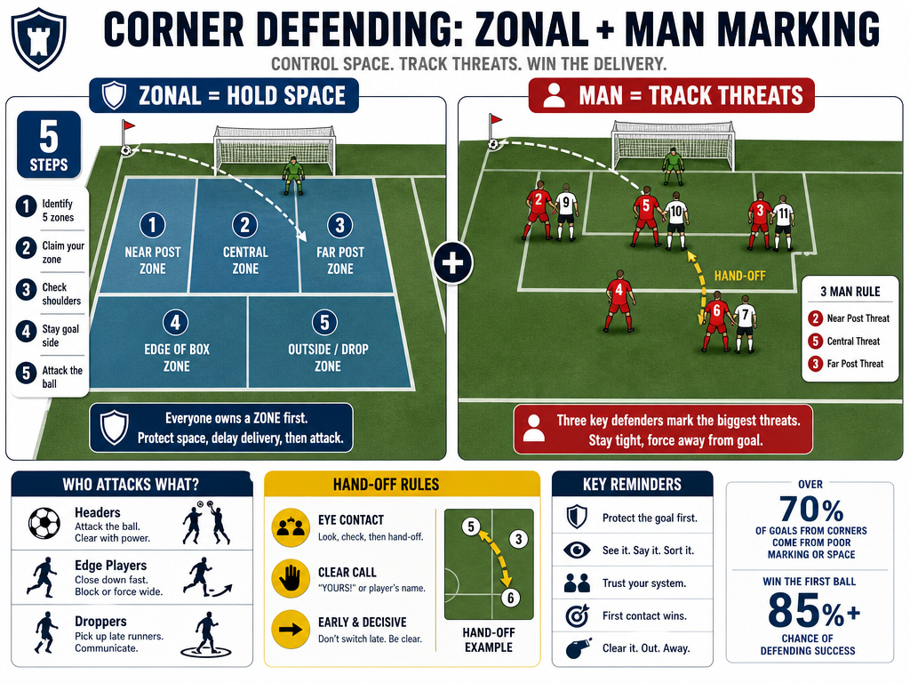 zonal versus man marking corner defending comparison infographic